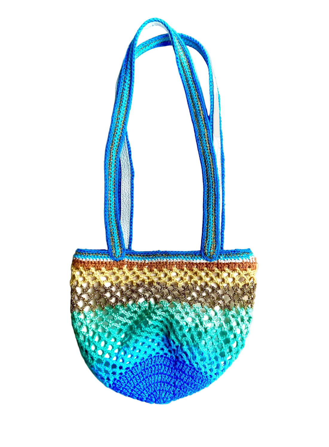 Paris designed Sirena crochet bag with two handles, shown on a neutral background, full front view, rounded shape, turquoise and yellow gradient
Full product view