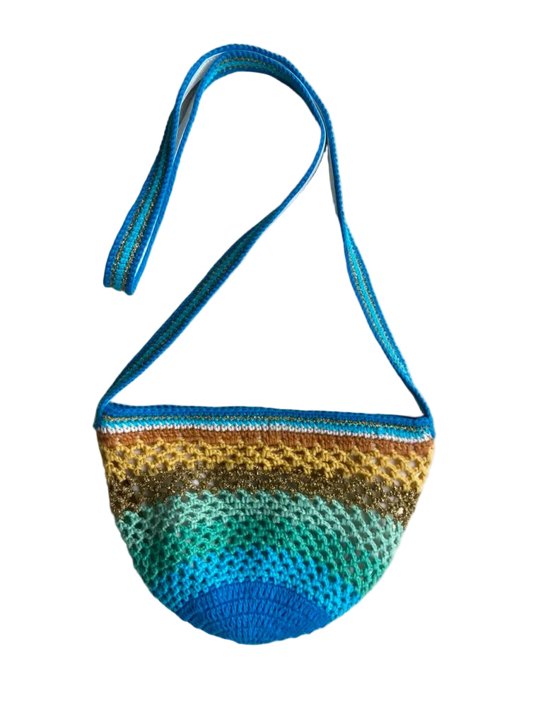 Paris designed  Sirena crochet shoulder bag shown on a white background, full front view, rounded shape, turquoise blue and yellow gradient