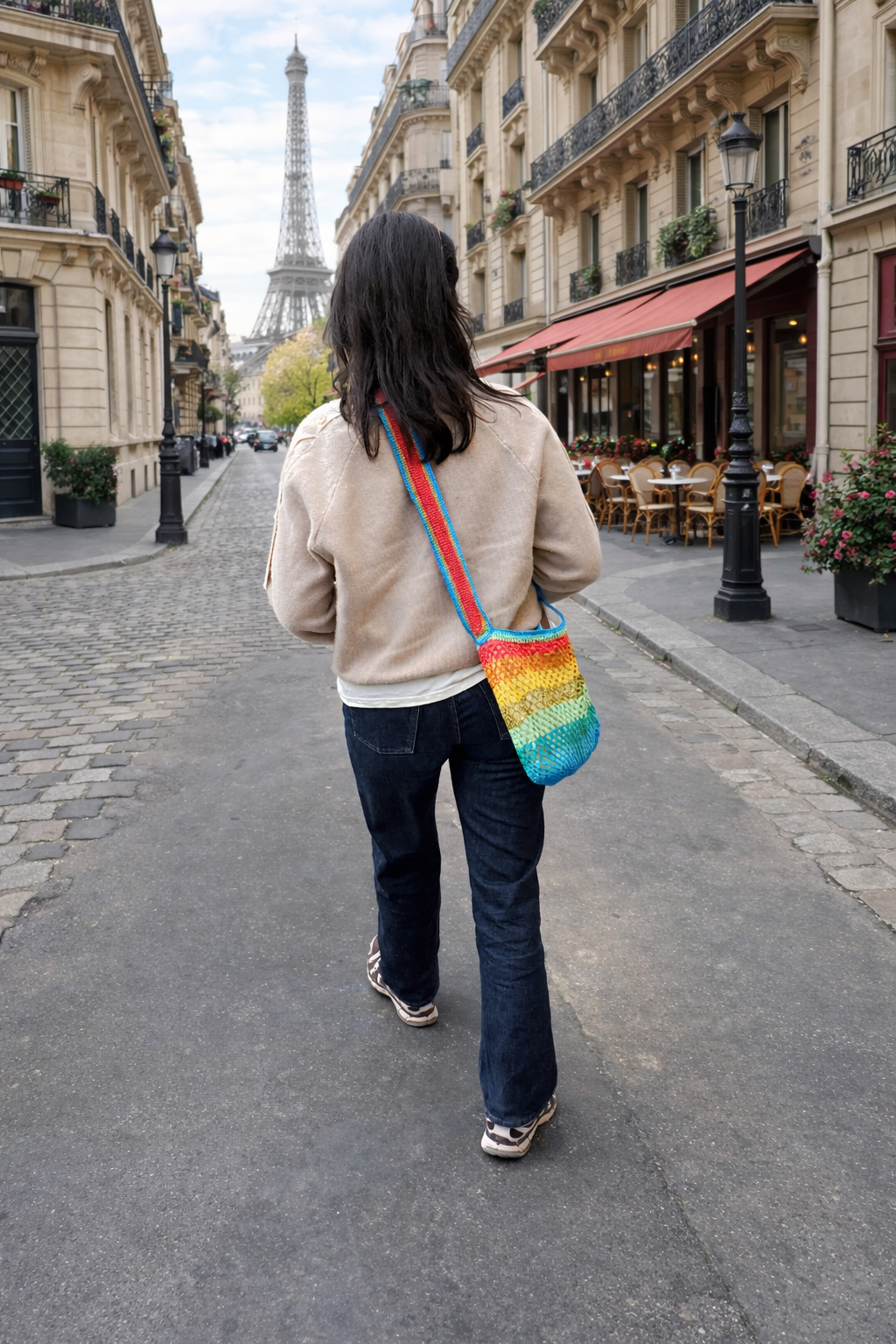 sac Courier Sirena porté dans les rues de Paris en vrai parisienne